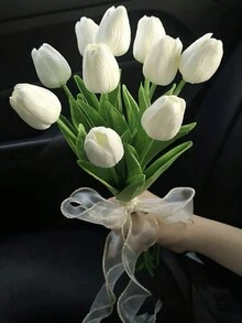1朵鬱金香人造花,真實觸感人造花束pe假花,適用於婚禮裝飾/家庭花園裝飾 - 白色 - 查看 3