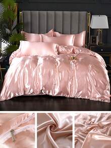 3pcs/Set Solid Color Satin Duvet Cover Set Without Filler, Imitation Silk Bedding Set(1pc Duvet Cover And 2pcs Pillowcases), Room Decor, Valentines, Winter - Hồng - Xem 5