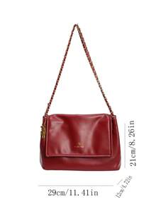In 2023, The New Fashion Solid Color Pu Large-Capacity Braided Chain Shoulder Strap Shoulder Bag Letter Pattern Decoration Design Can Be Slung Over The Square Bag Red Handbag Suitable For The New Year. - Red - View 4