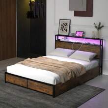 Gymax Queen-Size Industrial Platform Bed Frame With Storage Drawers & Led Light Headboard - Brown - View 7