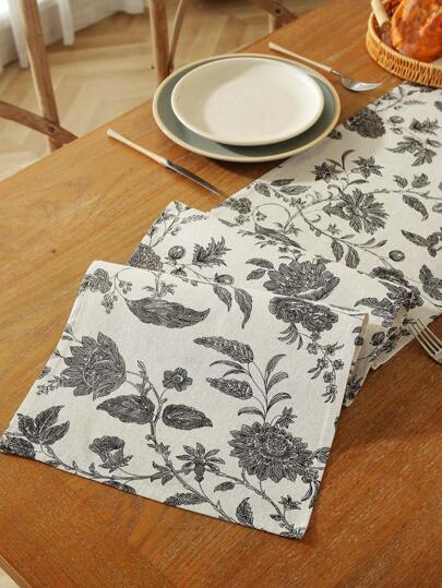 1 件美式复古黑色大号花卉边长方形单层亚麻桌旗，餐边柜防尘罩，适用于户外聚会、餐桌、客厅、书房、家居装饰