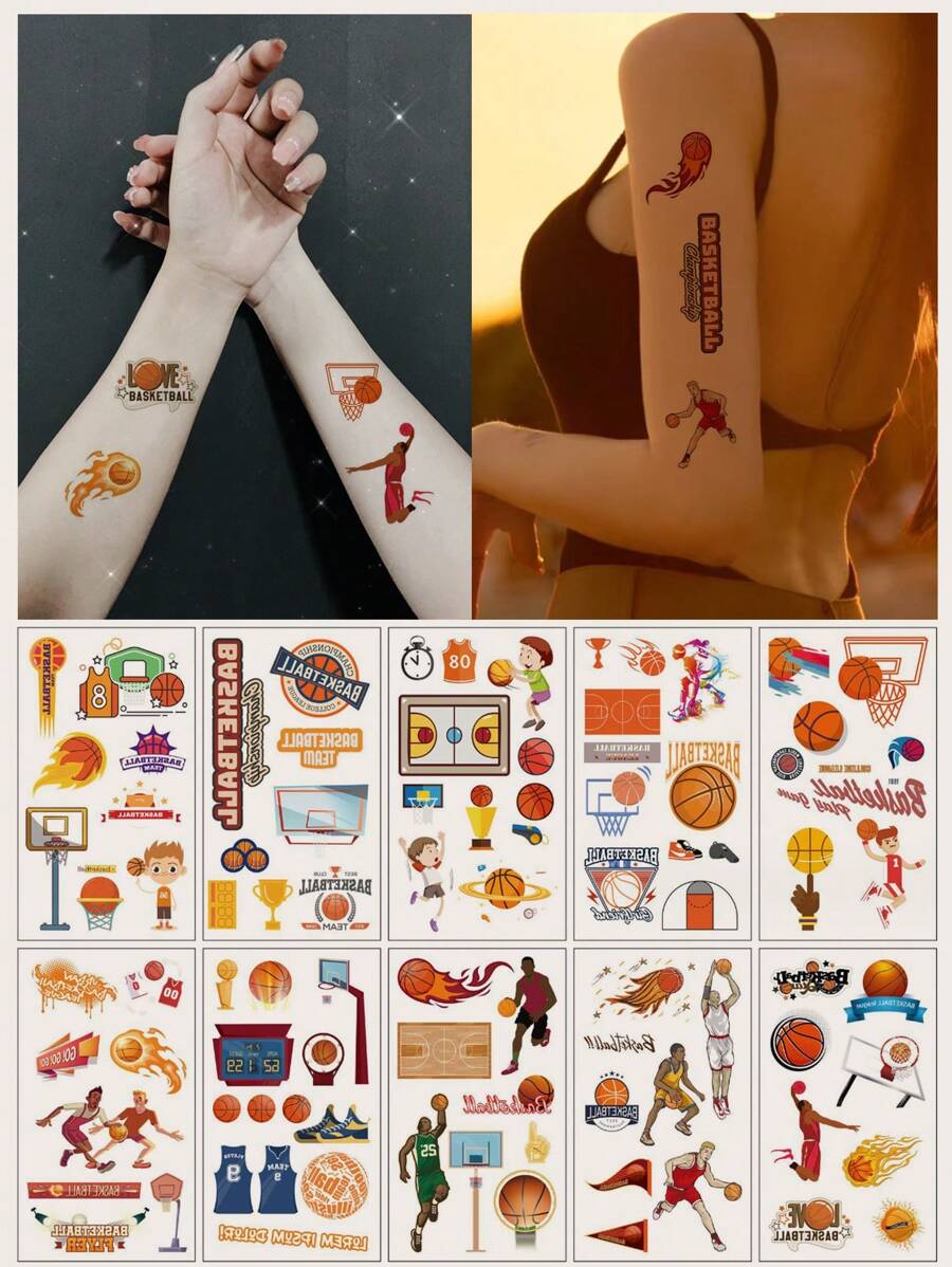 (Pack Of 10) Cartoon Basketball Competition Temporary Tattoo, Waterproof & Long Lasting Sticker For Face, Arms, Colorful Sports Style, Realistic Sexy Personalized Tattoo - Multicolor - View 1