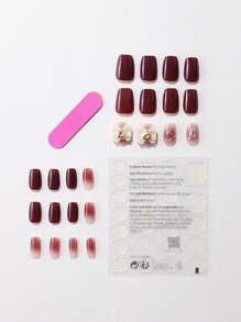 24入短方形甜美款式法式漸層酒紅色假指甲,帶有蝴蝶和鑽石裝飾,另外還附1個指甲檔和1個果凍膠 - 彩色 - 查看 2