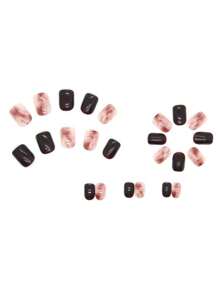 24入組棕色和淺棕色貓眼效果短方形指甲貼片，附果凍膠和指甲文件，秋冬裝扮的簡約復古指甲藝術 - 棕色 - 查看 4