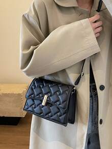 1個轉鎖扣帶蓋實色鑽石圖案復古方形包,時尚的斜挎肩包,適用於女性日常和約會使用,當作禮物也很適合 - 黑色 - 查看 1