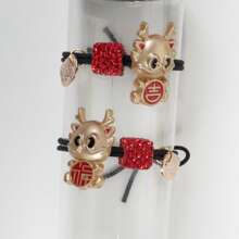 2pcs Children's Chinese Style New Year Hair Ties For Girls, Ropes With Year Of The Dragon Decoration - Black - View 6