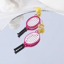 1對女士運動休閒風格的銅和立方氧化鋯網球拍造型耳環 - 玫紅色 - 查看 6