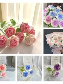 鉤織玫瑰手工編織玫瑰花束，針織DIY人工花禮物，母親節、教師節、生日禮物鉤織花 - 紅色 - 查看 1