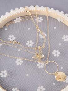 1 件金色圓形圓盤和蝴蝶吊墜多層項鍊女式 - 金黃色 - 查看 2