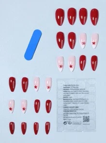 24入組Y2K仿壓式指甲，長形杏仁形白色法式尖頭丙烯酸指甲，紫紅色星星設計假指甲組合，附1支果凍膠和1片指甲文件，適用於女性和女孩秋冬季裝飾指甲供品