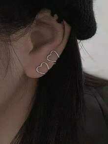 1對/套銀色極簡風小心臟耳袖夾,無需穿孔,女性時尚特色設計耳飾,送給朋友的禮物 - 銀色 - 查看 3