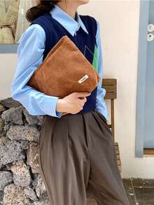 Corduroy Makeup Bag For Women, Large Capacity Clutch Purse For Phone And Cosmetics,Red& Popular Among The Young Generation - Brown - View 3