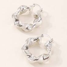 Minimalist Texture Irregularities Circle Hoop Earrings, Geometric Creative Twisted Vintage Earrings, Metallic Texture Ear Accessories - Silver - View 3