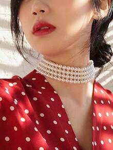 1pc Women'S Fashionable Handmade Multi-Layer Pearl Necklace, Suitable For Daily And Party Wedding Matching - Multicolor - View 5