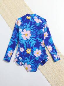 Young Girl Floral Printed Front Zipper One-Piece Swimsuit