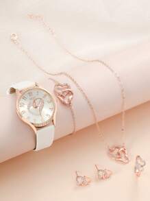 1 件時尚優雅白色心形皮革錶帶女式水鑽細節手錶和 5 件心形珠寶套裝 - 白色 - 查看 1