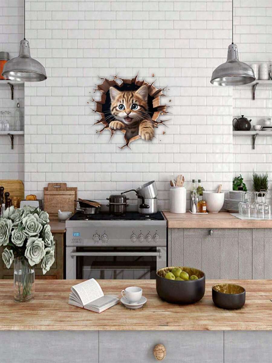 1張3d模擬貓貼紙,防水,可愛動物貼紙,可愛貓貼紙（顏色可能略有不同） - 棕色 - 查看 1