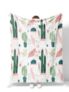 1入組-可愛仙人掌印花新禮品毯,休閒風格,法蘭絨,長方形,柔軟舒適的午休毯,適合寵物,適合旅行和旅遊,適合客廳沙發,適合所有季節 - 彩色 - 查看 1