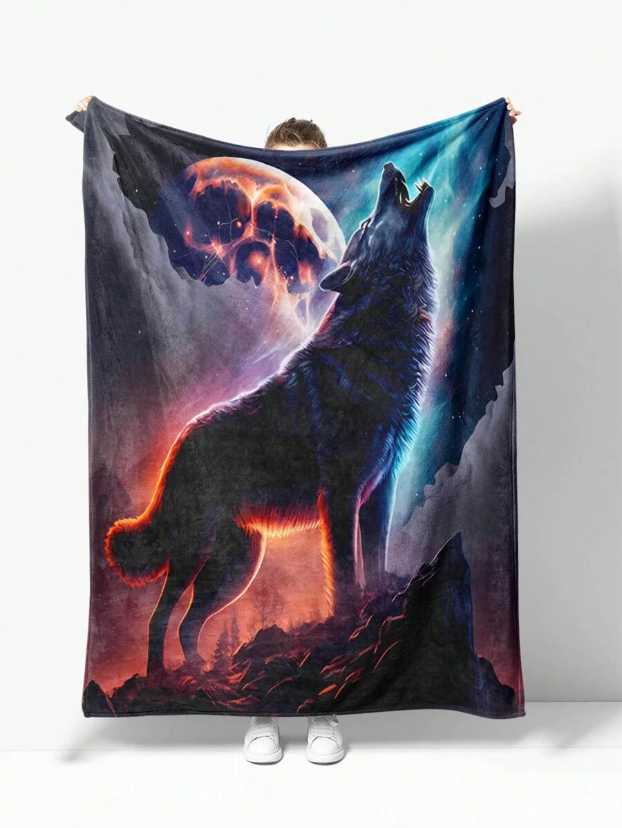 1pc Wolf Printed Flannel Fleece Blanket, Unisex Home Essential For All Seasons - Multicolor - View 1