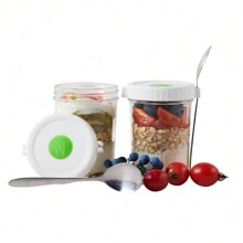 2入組帶蓋&字母a-z設計的玻璃隔夜燕麥杯,包括2個杯子和2把湯匙,可重複使用不漏水的杯子,適用於隔夜燕麥,牛奶,酸奶,穀類和早餐,容量350毫升 - 彩色 - 查看 1