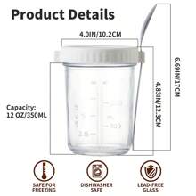 2入組帶蓋&字母a-z設計的玻璃隔夜燕麥杯,包括2個杯子和2把湯匙,可重複使用不漏水的杯子,適用於隔夜燕麥,牛奶,酸奶,穀類和早餐,容量350毫升 - 彩色 - 查看 2