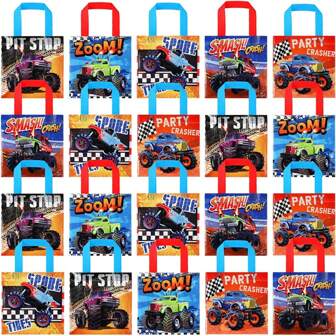 12 st blandade, bärbara lastbilsfestpåsar, non-woven-påsar, presentpåsar, lastbilstema-festfavörer, mellanmålspåsar, godis, godbitar, leksakspåsar med handtag, maskin, födelsedagsfestdekorationer, spel, festtillbehör, skolstart, alla hjärtans dag