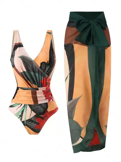 2pcs/Set Women Summer Vintage Digital Print Tied Swimsuit & Beach Skirt, Vacation Resort