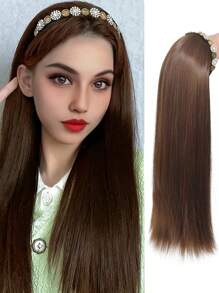 合成假髮女士長髮復古鑽石髮箍高骨頭頂接頭假髮髮型半頭套頭直髮片20英寸適合日常簡單假日 - Light Brown - 查看 2