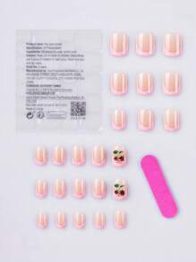 Upgrade Your Look With 24pcs Medium Square Pink French Tip And 3D Cherry Decor Design Press On Nails Full Cover False Nails For Women And Girls Nail Supplies - Pink - View 3