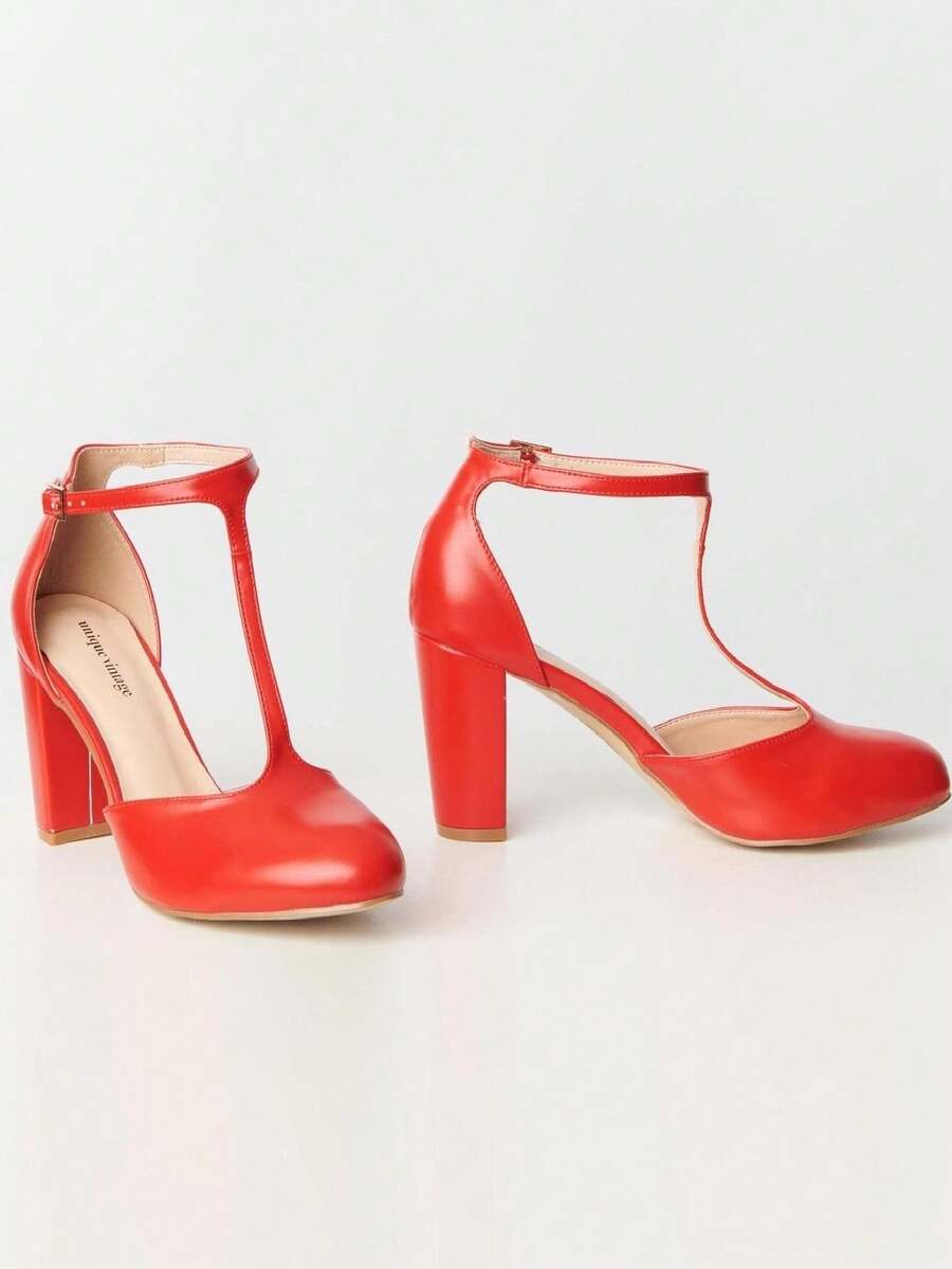 Unique Vintage Red Leatherette T-Strap Astaire Pumps - 紅色 - 查看 1