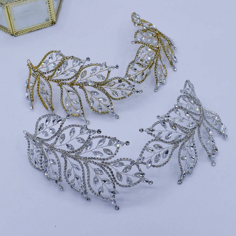 1個手工水晶鑲嵌的葉子造型新娘頭飾,時尚女士女孩伴娘髮箍,適用於婚禮、派對、生日、比賽等場合 - 銀色 - 查看 1