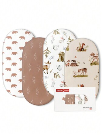 GLLQUEN BABY Bassinet Sheets 4 Packs, Breathable Cozy Fitted Mattress Sheet, Elastic Travel Crib Fashionable Floral Pattern, Cradle Sheets For Baby Boy Girls 32"X16"(Bear), Oeko-Tex Certificated