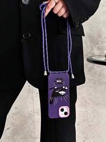 1入組驚嚇黑貓圖案手機殼,內含1條粉色手繩、鏡子環支架和2個繫繩孔,深紫色tpu柔軟殼與 Iphone 15promax/11/12/13/14plus 兼容,可斜挎或肩背。 - 彩色 - 查看 2