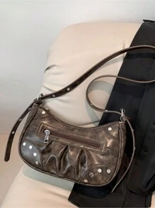 1PC Fashionable, Gothic ,Y2k Studded, Punk Style Shoulder Bag For Women, With Adjustable Strap,Suitable For Daily Use, Shopping, Travel, Parties, Birthdays, Dates - Coffee Brown - View 4