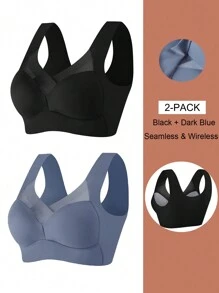 2pcs Women's Seamless Wireless Bra With Net Splice - Dusty Blue - View 1