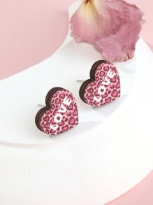 1 对可爱浪漫木质粉红豹纹心形耳钉女士女孩情侣情人节礼物配饰珠宝 - 粉色 - 查看 1