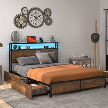Gymax Queen-Size Industrial Platform Bed Frame With Storage Drawers & Led Light Headboard - Brown - View 3