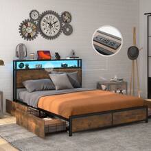 Gymax Queen-Size Industrial Platform Bed Frame With Storage Drawers & Led Light Headboard - Brown - View 10