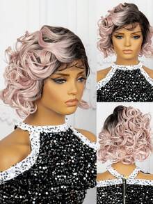 T-Shaped Lace Front Synthetic Short Curly Hair Wig Cap In Golden Color, Made Of Chemical Fiber - Multicolor - View 2