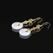 Jade Inlaid Long Drop Earrings, White Jade Earrings For Women - Gold - View 3