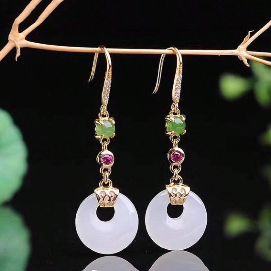 Jade Inlaid Long Drop Earrings, White Jade Earrings For Women - Gold - View 1