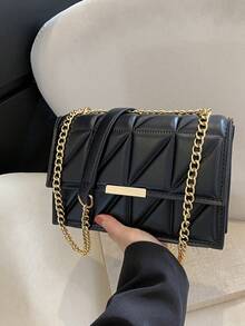 1個女性方形三角格棉被拼接pu翻蓋時尚肩背包,適合秋冬日常使用 - 黑色 - 查看 2