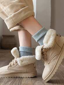 女士纯色均码加厚保暖内衬羊绒中筒袜，冬季 - 灰色 - 查看 2