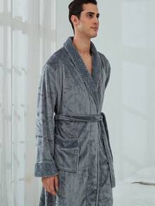1pc Thickened Winter Bathrobe With Thermal Lined For Couples' Homewear Sleepwear, Winter - Grey - View 3