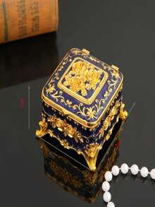 1入歐式風格方形玫瑰裝飾迷你珠寶盒,金屬珠寶組織器,適用於戒指耳環手鍊項鍊收納 - 藍色 - 查看 3