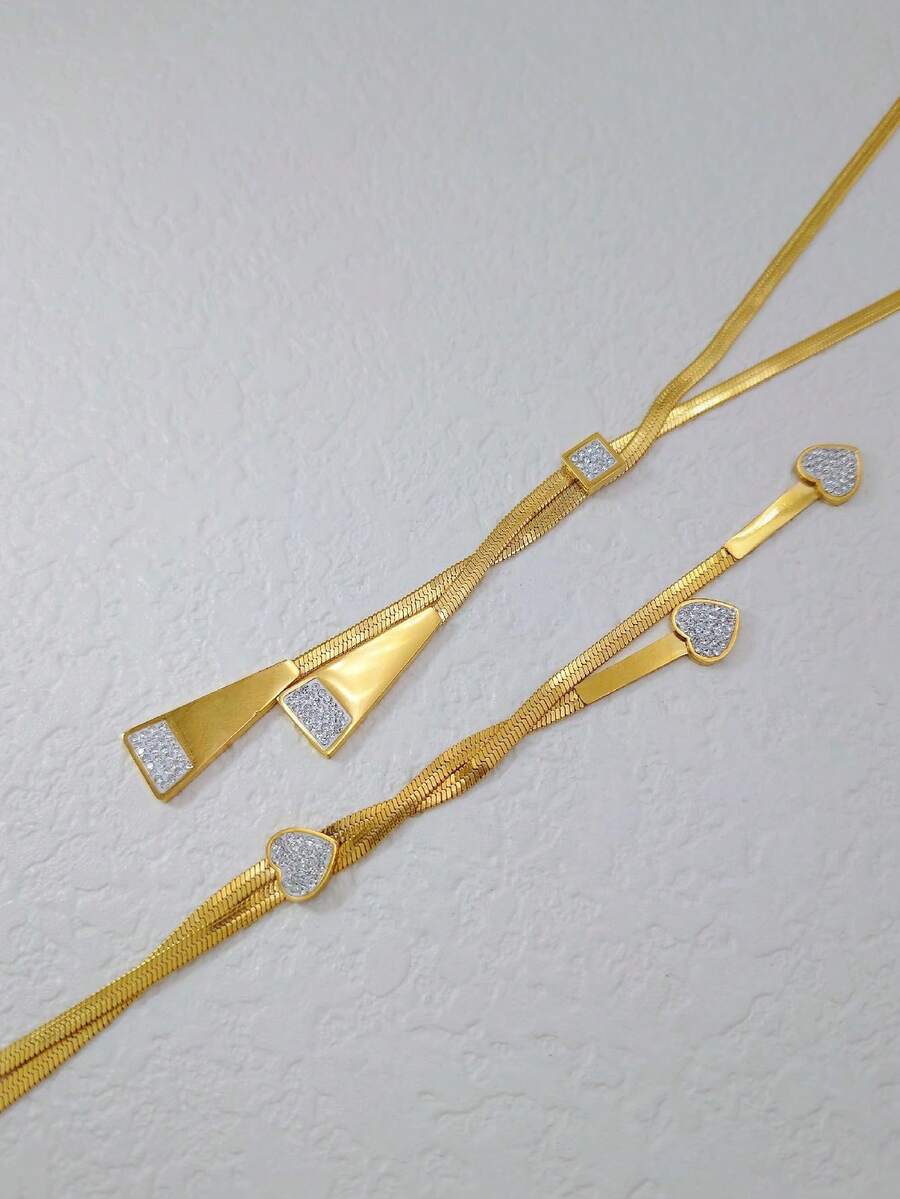 18k鍍金純鈦鋼心形方形墜子項鍊,鑲有小鑽石,波西米亞風格女士日常配飾 - 金黃色 - 查看 1