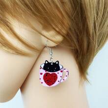 1 件情人節愛心粉紅杯子和貓印花女式壓克力吊式耳環 - 情人節愛心杯貓咪 - 查看 13