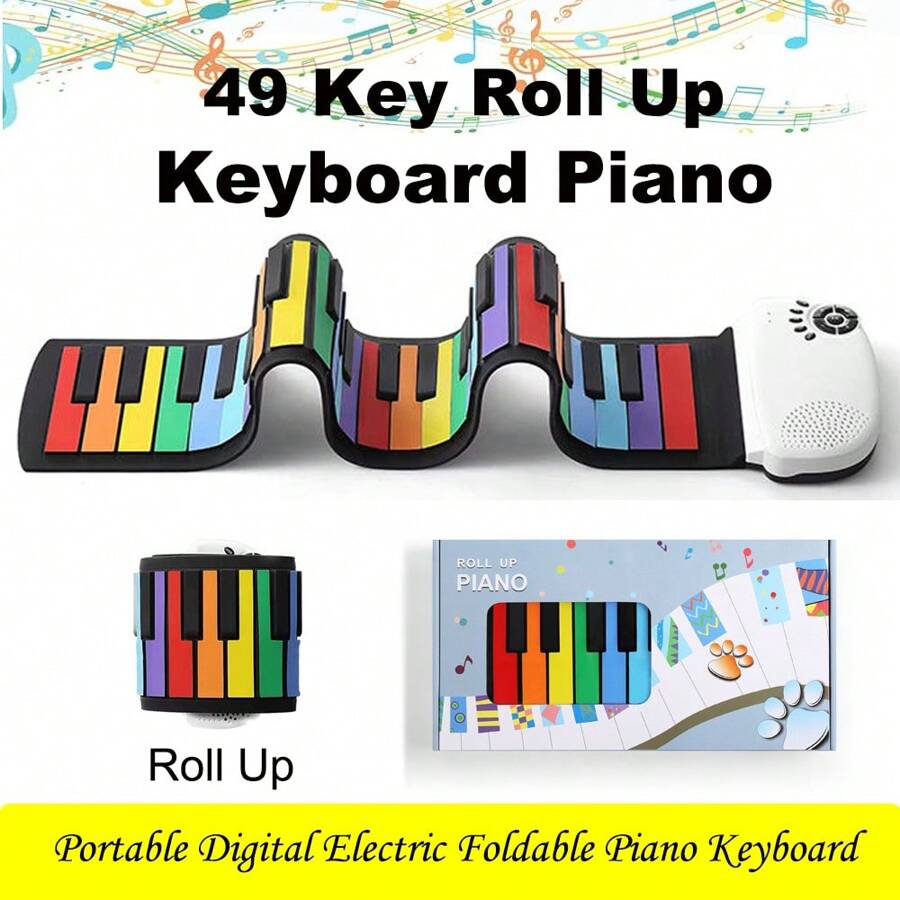 49鍵可捲起鋼琴,便攜式數字電動可摺疊彩虹鋼琴,可充電,100種音色,10首教學演示曲,適用於初學者成人禮物 - 白色 - 查看 1