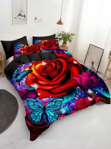 3 Rose Butterfly Duvet Set (1 * Duvet Set +2 * Pillowcase, No Core), Butterfly Bedding Set, Suitable For Home Bedroom - Multicolor - View 1