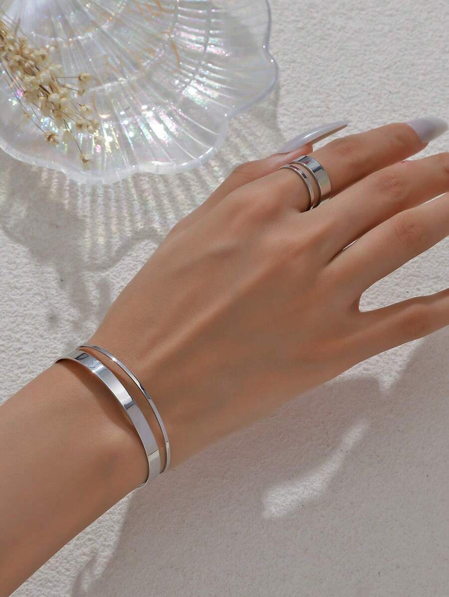 2 件简约铜质几何波浪手镯和戒指首饰套装，适合女性日常、派对、婚礼、母亲节礼物 - 銀色 - 查看 1
